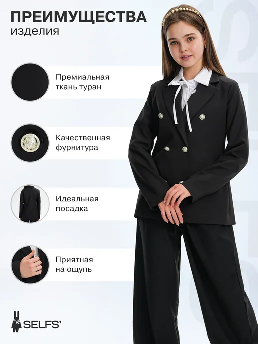 SELFS' Пиджак школьный приталенный классический детский, черный, фото 3