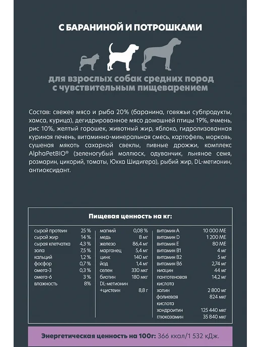 Сухой корм AlphaPet Потрошки для собак, средние, ягненок, 7 кг, фото 6