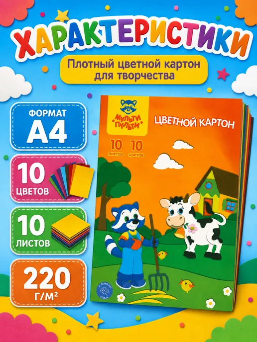Пифагор Цветной картон для школы и детского сада 10 цветов 10 листов, 10 цв., фото 2