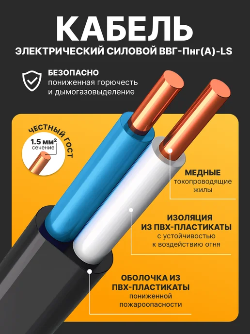 ЭлектроТехнологии Кабель силовой ВВГ-Пнг(А)-LS медный 2х1,5мм2 ГОСТ, 2x1.5 мм, фото 3