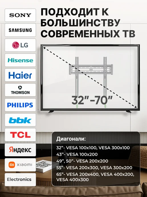 AMISSA Кронштейн для телевизора на стену 32 - 70 быстросъемный, черный, фото 2