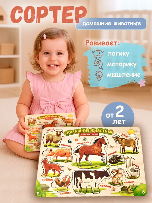 Lucky Kids 43 Деревянная развивающая рамка вкладыш для детей, белый