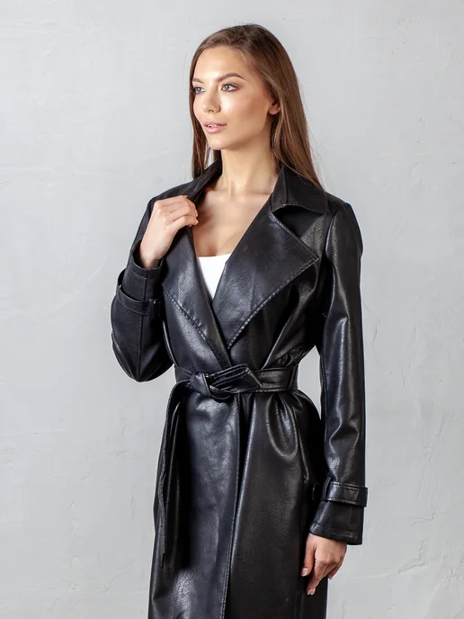 MALIWEAR Плащ осень кожаный до колен тренч демисезонный на запах, черный, фото 3
