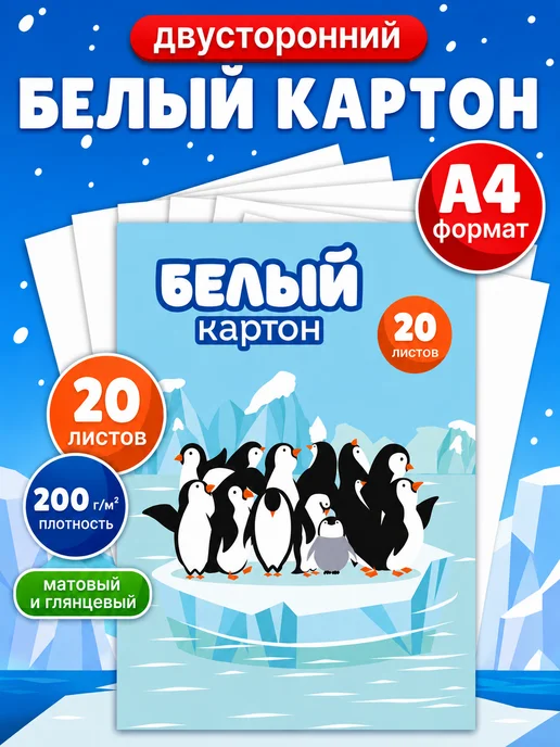 Пифагор Картон цветной и белый А4 для школы, белый