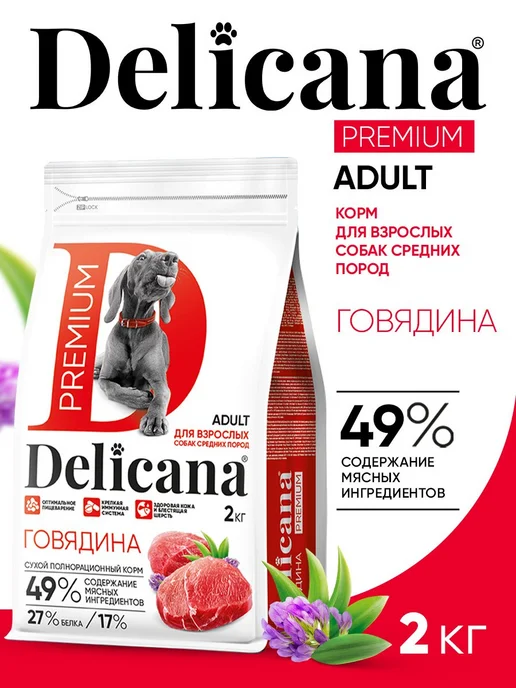 Сухой корм Delicana Мedium для собак, взрослые, говядина, 2 кг