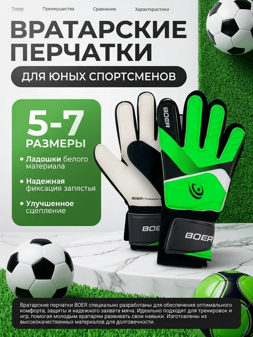 Bulkx Перчатки вратарские футбольные детские размер 5 6 7, зеленый