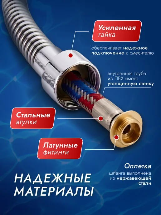 PADU Шланг для душа 2 м усиленный армированный, 2 м, фото 2