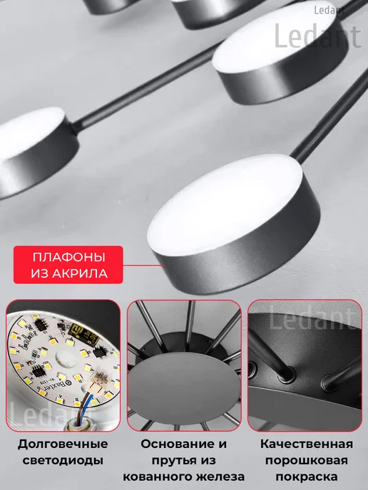 LEDANT Люстра потолочная светодиодная на кухню в спальню для зала, черный, фото 3