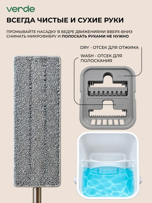 Verde Швабра с отжимом и ведром для мытья пола 2 насадки Handy, белый, фото 2
