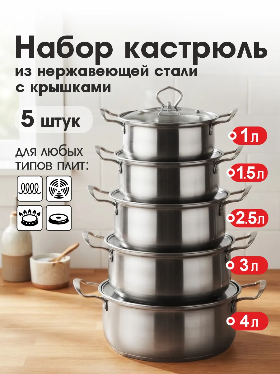 Набор кастрюль с крышками из нержавеющей стали, 5 шт
