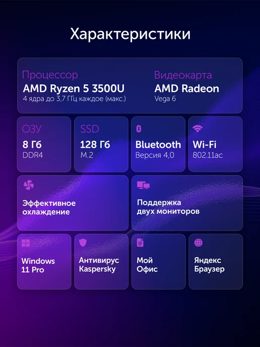 AZERTY Неттоп мини ПК AZ-0025 Ryzen5 3500U 4x3,7GHz, 8Gb, 256Gb, 8 ГБ, 128 ГБ, фото 2