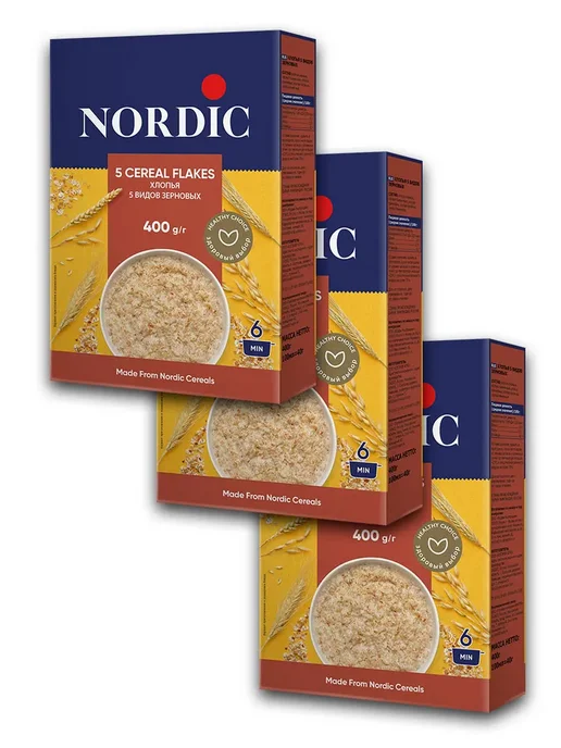 NORDIC Хлопья 5 видов зерновых 3 шт по 400 г, 3 шт, 400 г