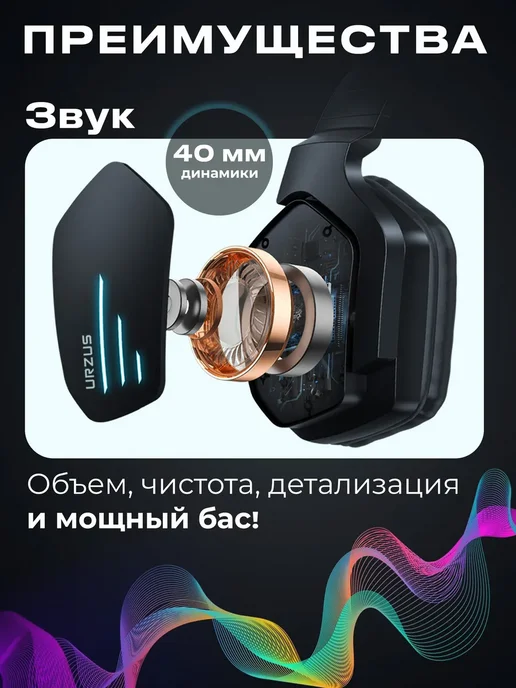 URZUS Наушники беспроводные игровые с микрофоном для ПК UR-5524113, черный, фото 2