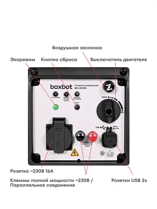 Генератор инверторный тихий BOXBOT BGI-2000S, 2 кВт, USB, ЭКО-режим, Reset, Параллельное соединение, 4 л, фото 4