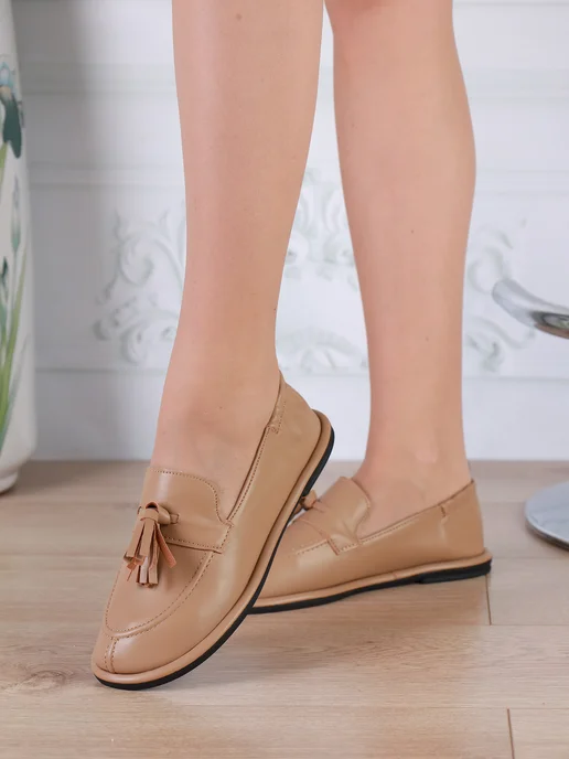 Liya Groff Fashion Лоферы весенние без каблука броги, бежевый, фото 2