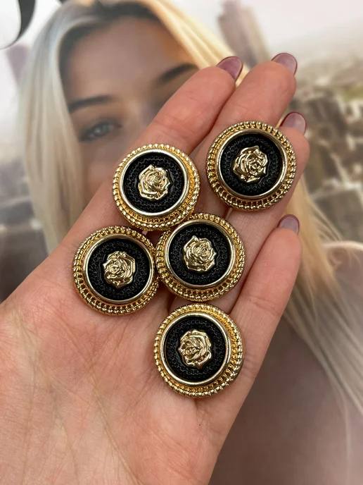 Boutonru Пуговицы серебристые с розой 23 мм, 5 штук, золотой, фото 2