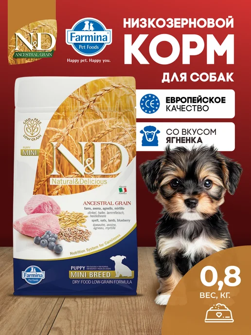 Сухой корм Farmina Низкозерновой Черникой для собак, мелкие, щенки, ягненок, 0,8 кг