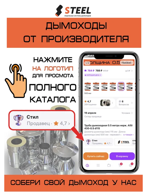 стил Сэндвич 0,25 метра 0,8 нерж. оцинковка d160 240, вариант, фото 3