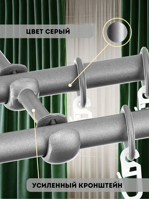 Peora Карниз для штор металлический двухрядный 240 см, серый, фото 2